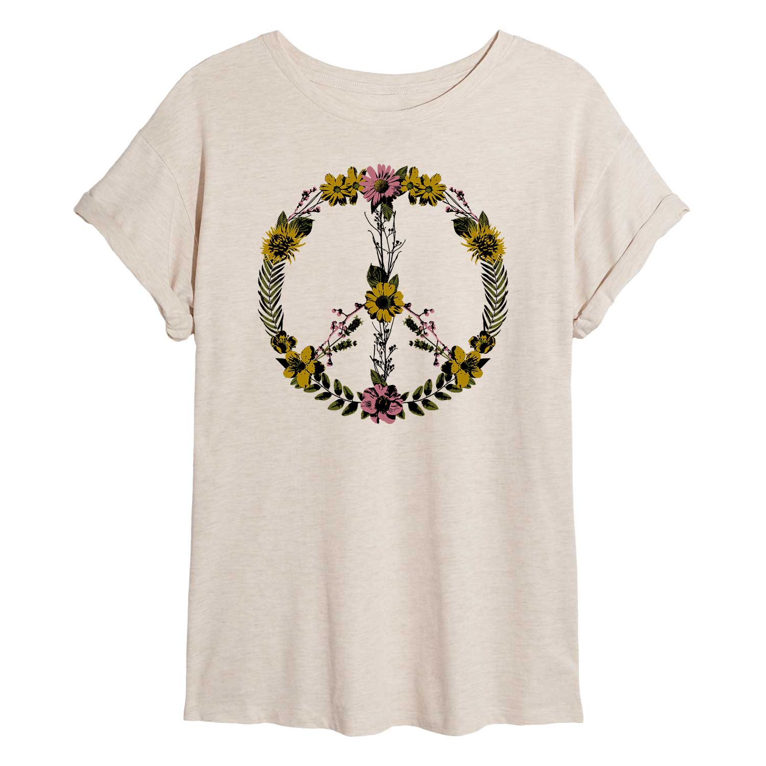 Instant Message - Floral Peace Sign - Juniors Oversized Graphic T-shirt
