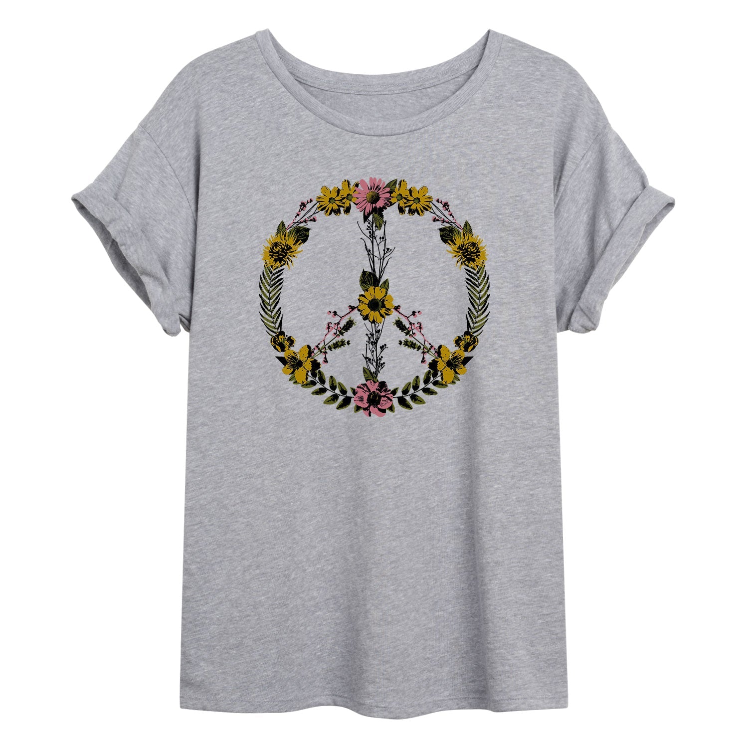 Instant Message - Floral Peace Sign - Juniors Oversized Graphic T-shirt