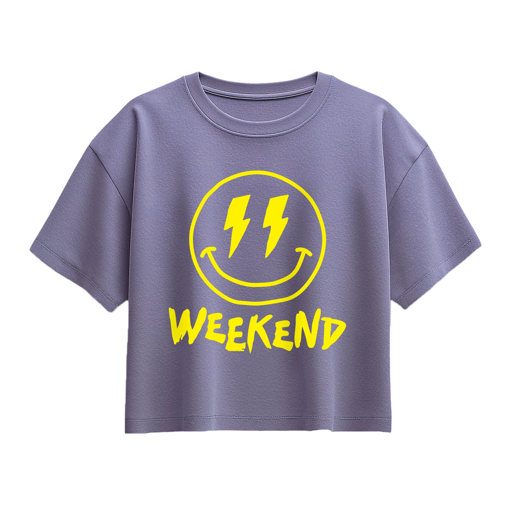 Instant Message - Weekend Smile Face - Youth Girl Short Sleeve Boxy Tee