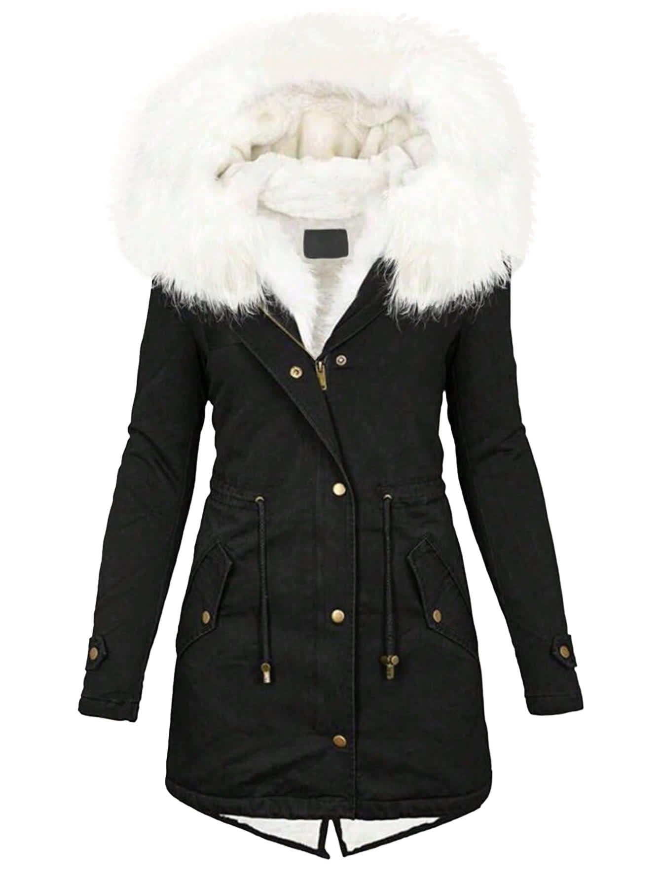 Chic YC Women's Black Warm Winter Parka Coat Fleece Lined Military Jacket Women Faux Fur Hooded Coat
