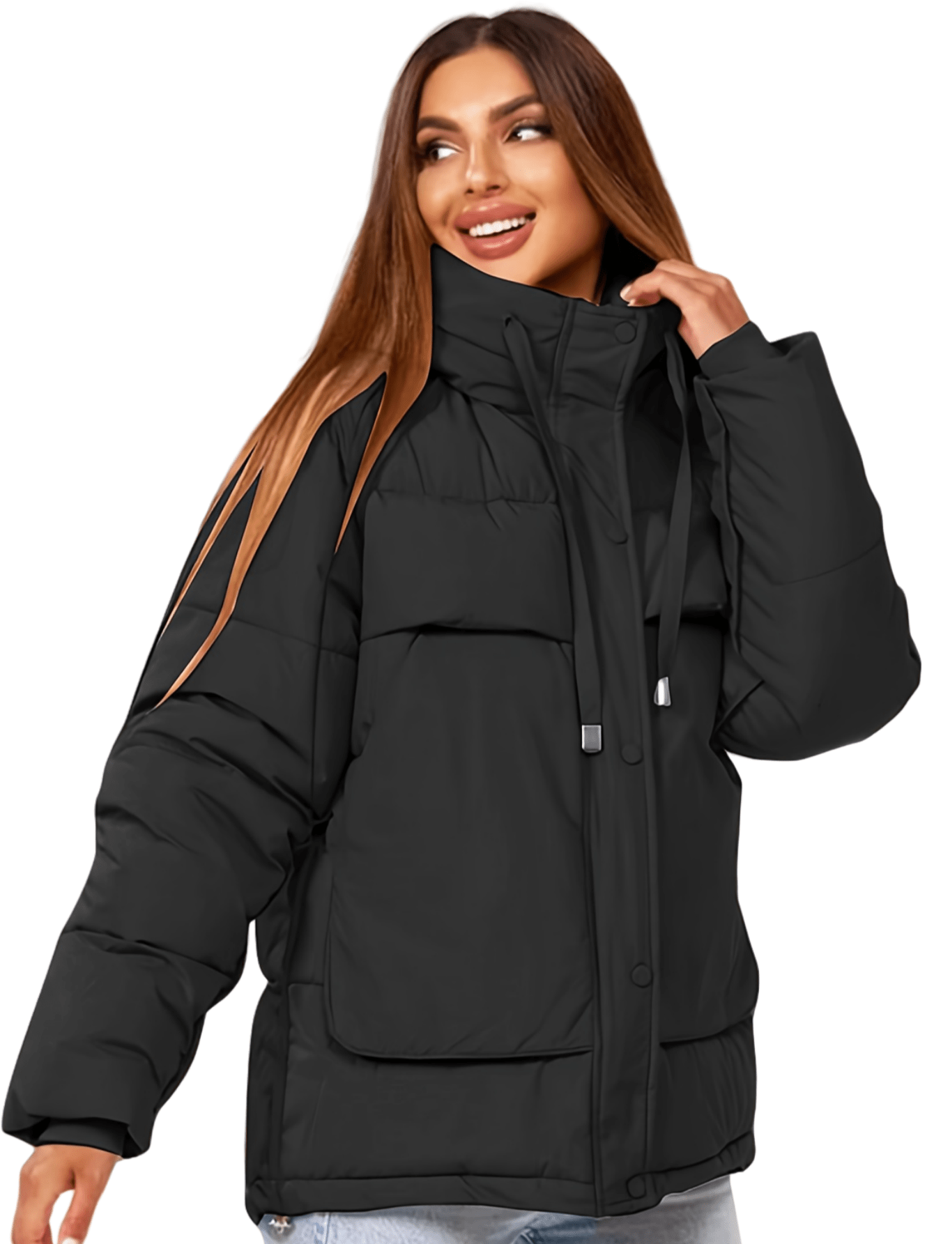 Chic YC Womens Winter Coats Cropped Long Sleeve Zip Puffy Quilted Jackets Stand Collar Baggy Coat