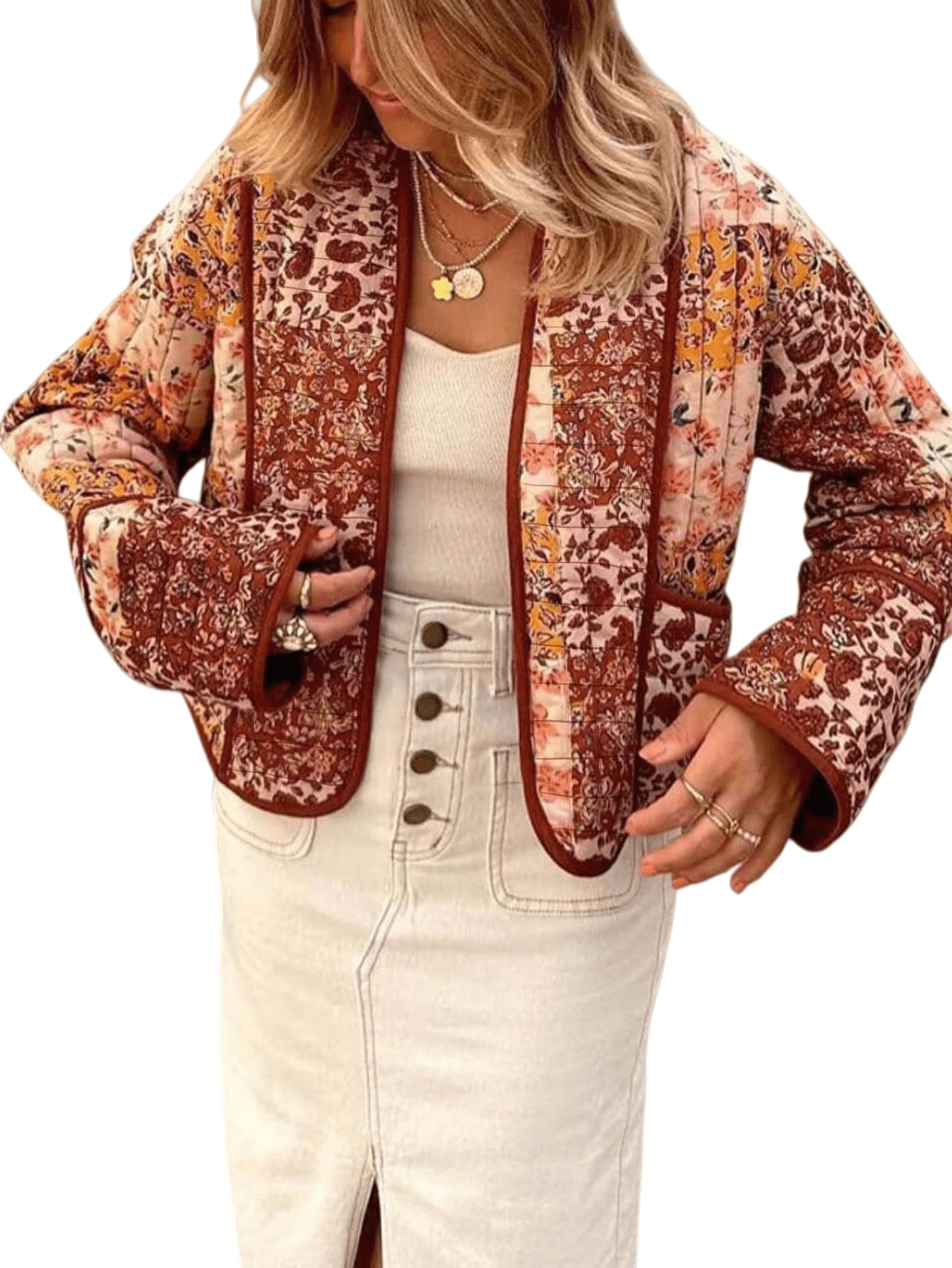 Chic YC Women's Cropped Floral Reversible Quilted Jacket Cardigan Printed Lightweight Open Front Coat