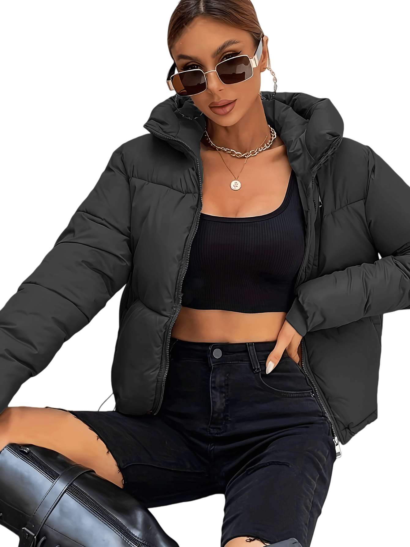 Chic YC Women's 2025 Warm Winter Long Sleeve Zip Jacket Pockets Baggy Short Coats,Short Ladies Quilted Coat