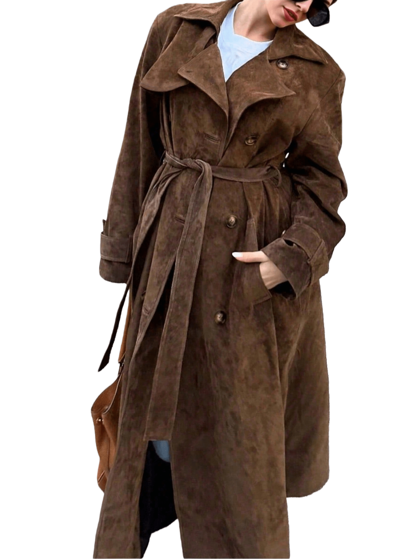 Chic YC Womens Faux Suede Long Trench Coat Notched Lapel Double Breasted Pea Coat Overcoat with Belt