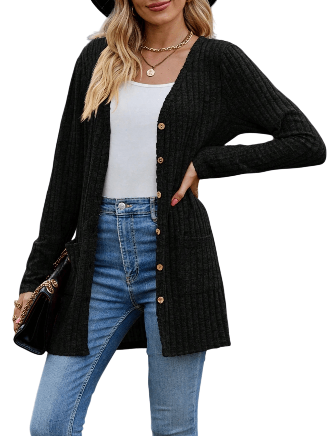 Chic YC Women's Long Sleeve Open Front Cardigan Button Down Ribbed Lightweight Knit Outerwear with Pocket