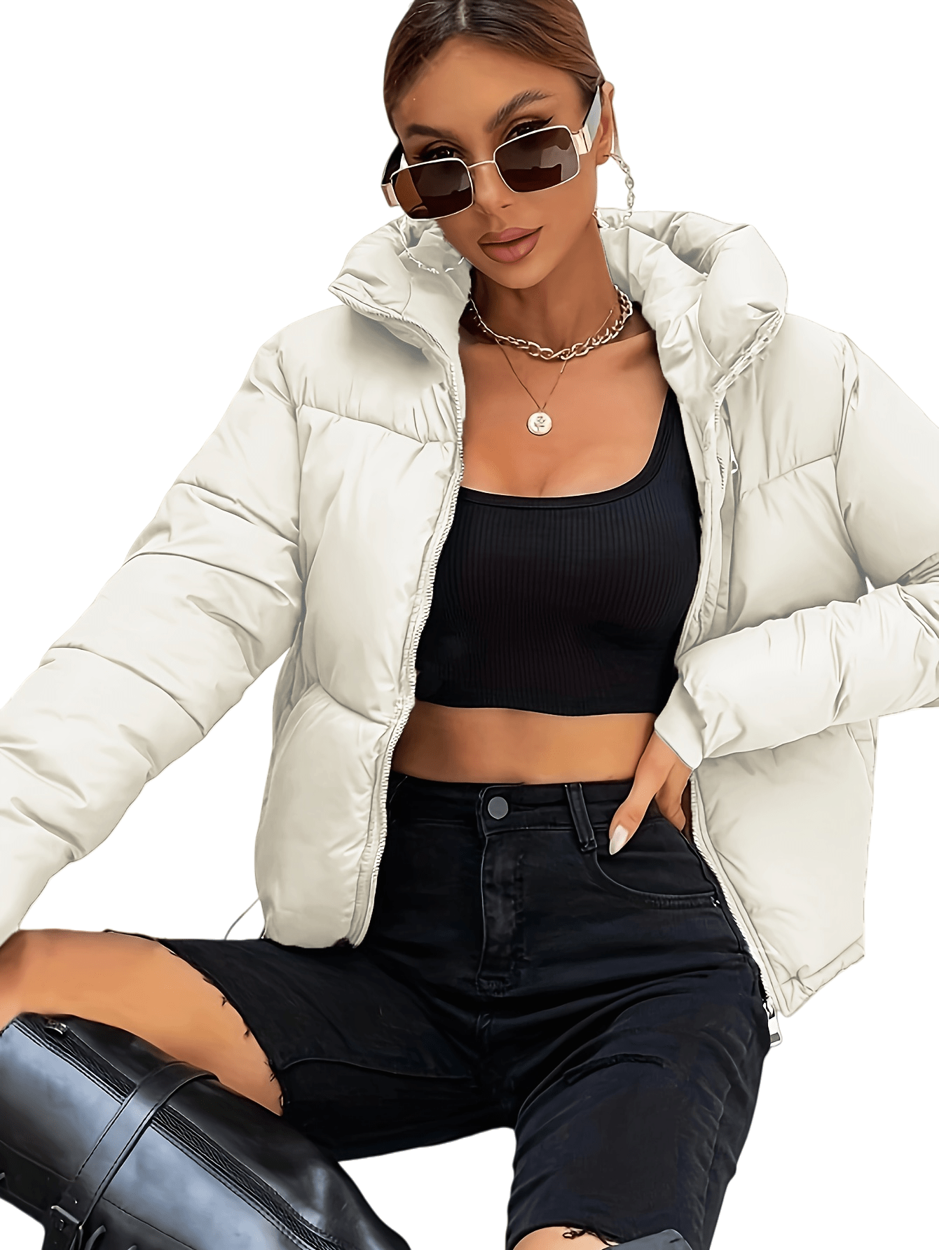 Chic YC Women's 2025 Warm Winter Long Sleeve Zip Jacket Pockets Baggy Short Coats,Short Ladies Quilted Coat