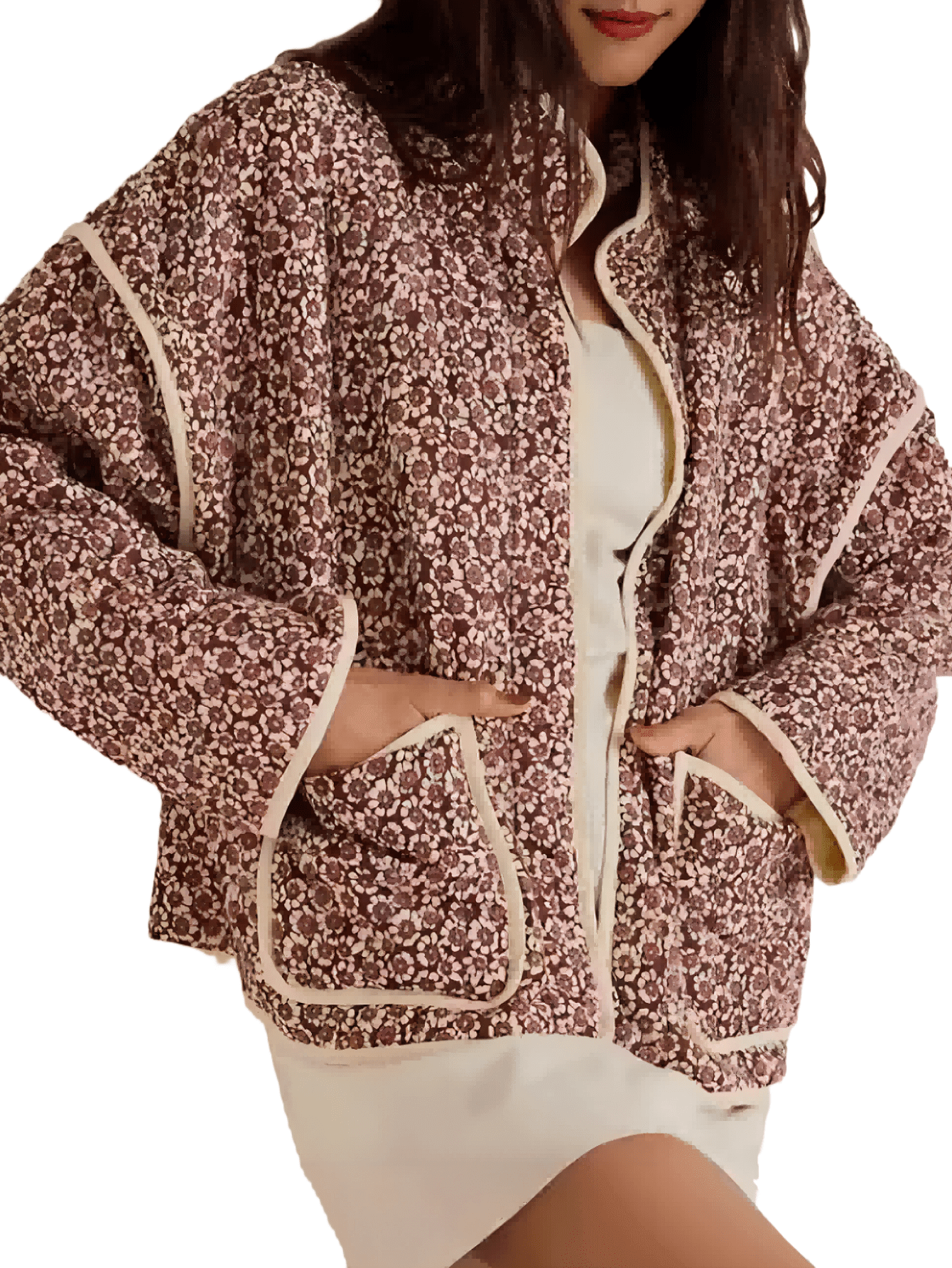 Chic YC Women's Cropped Jacket Lightweight Floral Print Long Sleeve Padded Quilted Cardigan Coat