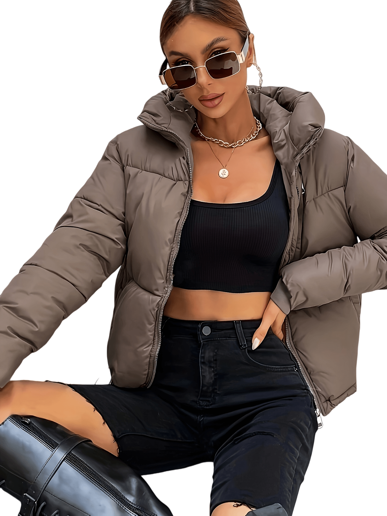Chic YC Women's 2025 Warm Winter Long Sleeve Zip Jacket Pockets Baggy Short Coats,Short Ladies Quilted Coat